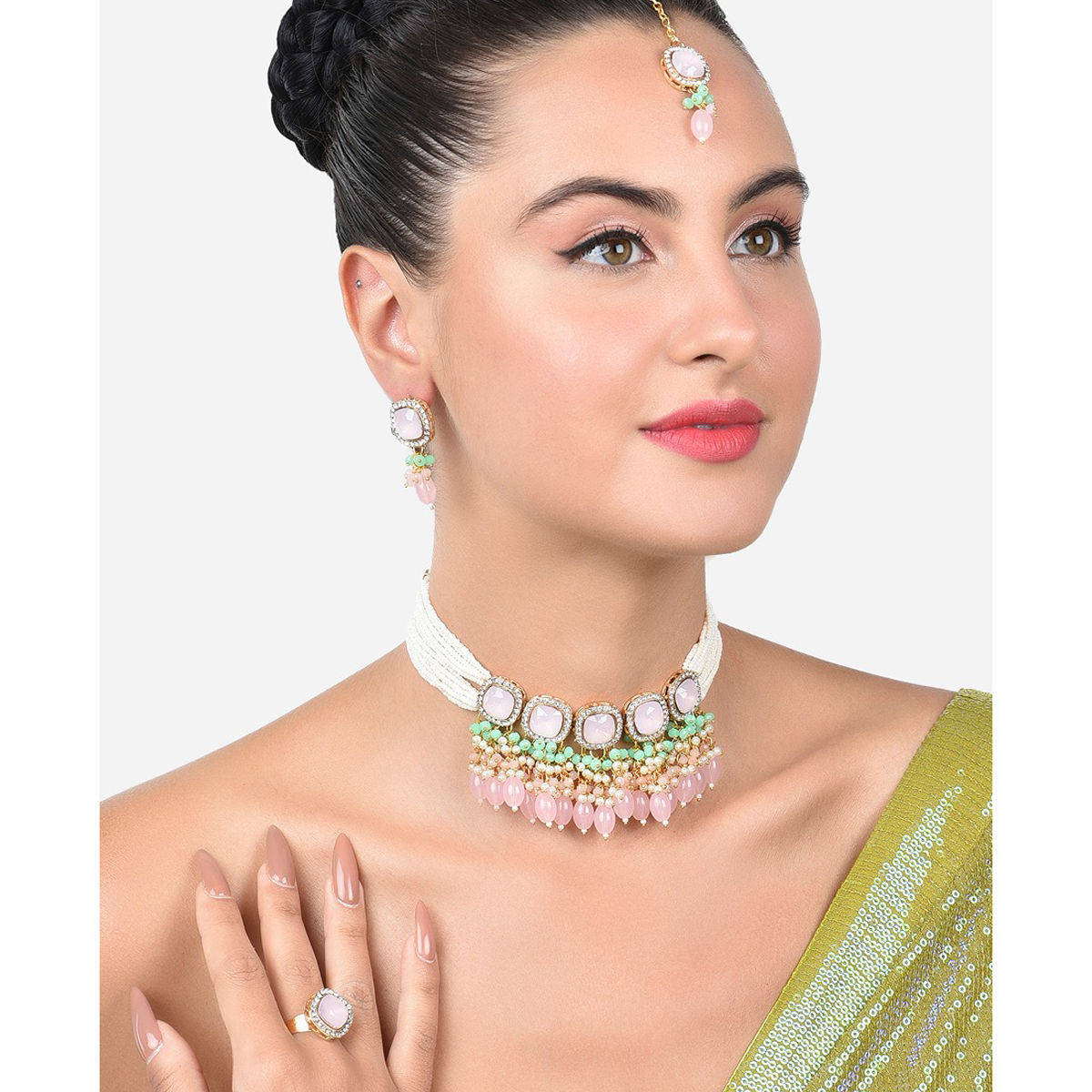 Zaveri Pearls Green Pink Multistrand Necklace Earring Ring Maangtikka Set-ZPFK15222