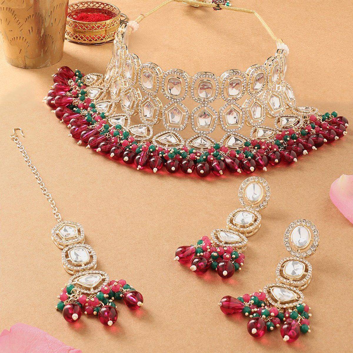 Zaveri Pearls Rani -Pink -Green Stones Bridal Necklace Earring Maangtikka Set-ZPFK16901