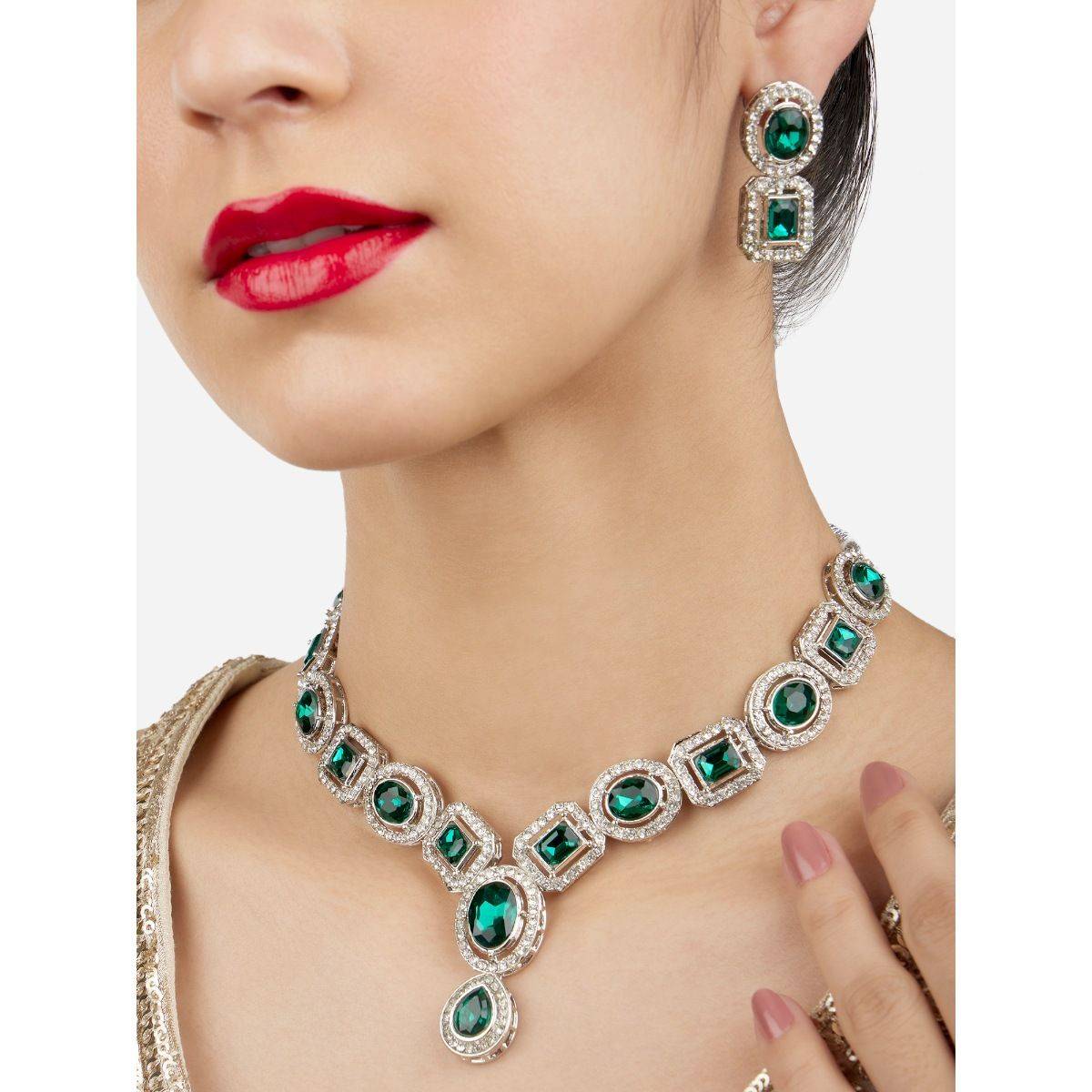 Zaveri Pearls Green Stones & Dazzling Austrian Diamonds Necklace & Earring Set-ZPFK17196
