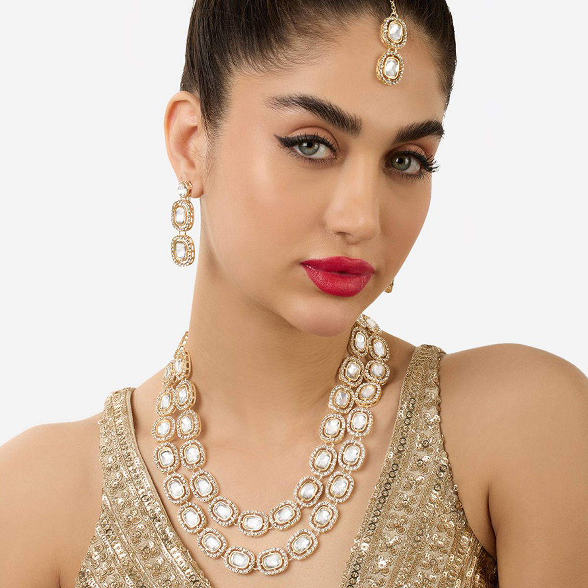 Zaveri Pearls Gold Tone Stones Layered Jewellery Set