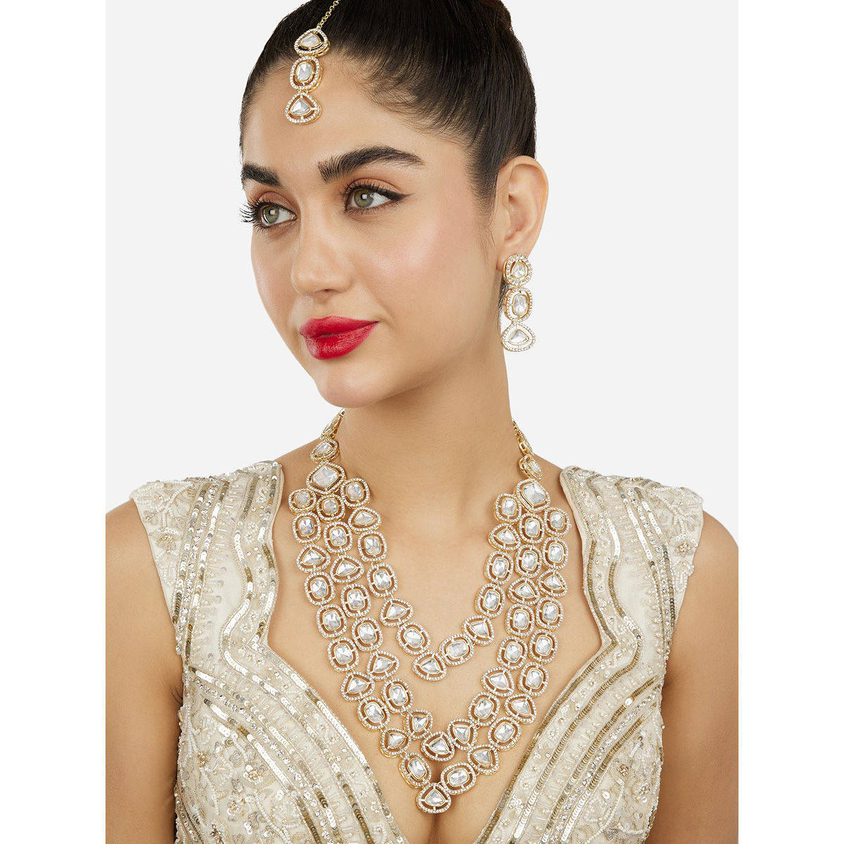 Zaveri Pearls Gold Tone Stones Diamonds Necklace Earrings and Maangtikka
