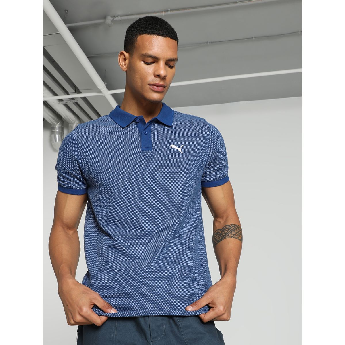 LEOPARD JACQUARD KNIT POLO SHIRT【BLUE】 LEOPARD JACQUARD KNIT