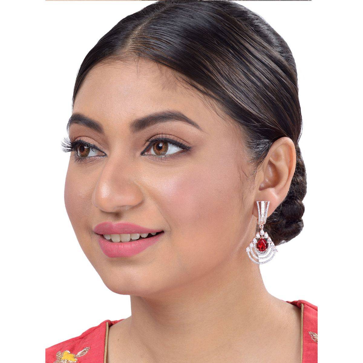 Saraf RS Jewellery Modern Ruby Danglers Brass Drop Earrings Ad Studded Rose Gold Plated (Onesize)