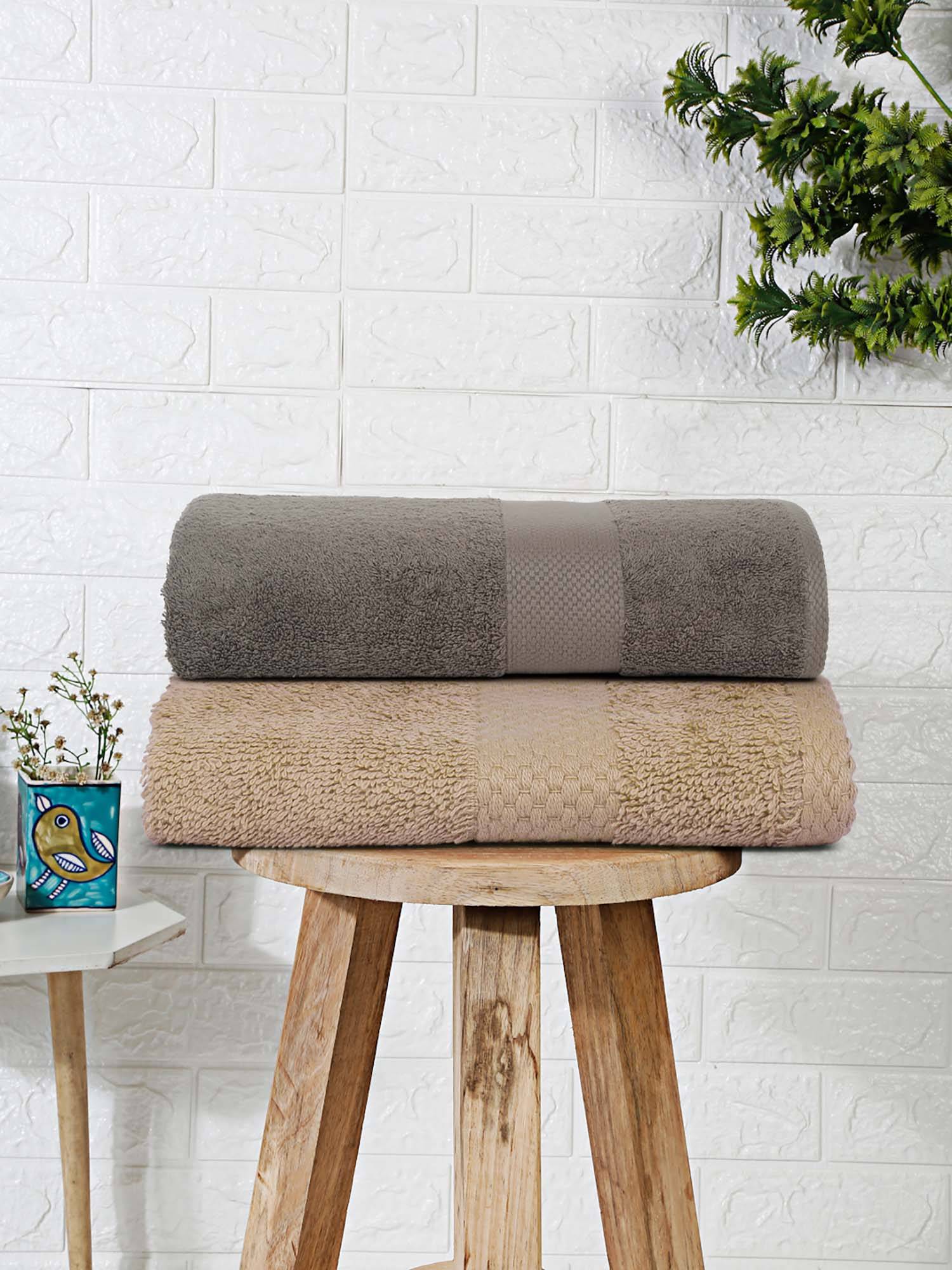 MULBERRY LIVING Terry Luxe 550 - Gsm Terry Bath Towel - Ivory & Charcoal Grey (Pack of 2)