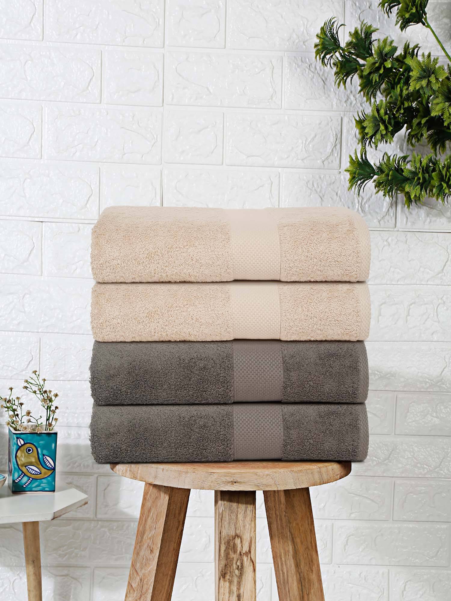 MULBERRY LIVING Terry Luxe 550 - Gsm Terry Hand Towel Set - Ivory & Charcoal Grey (Pack of 4)