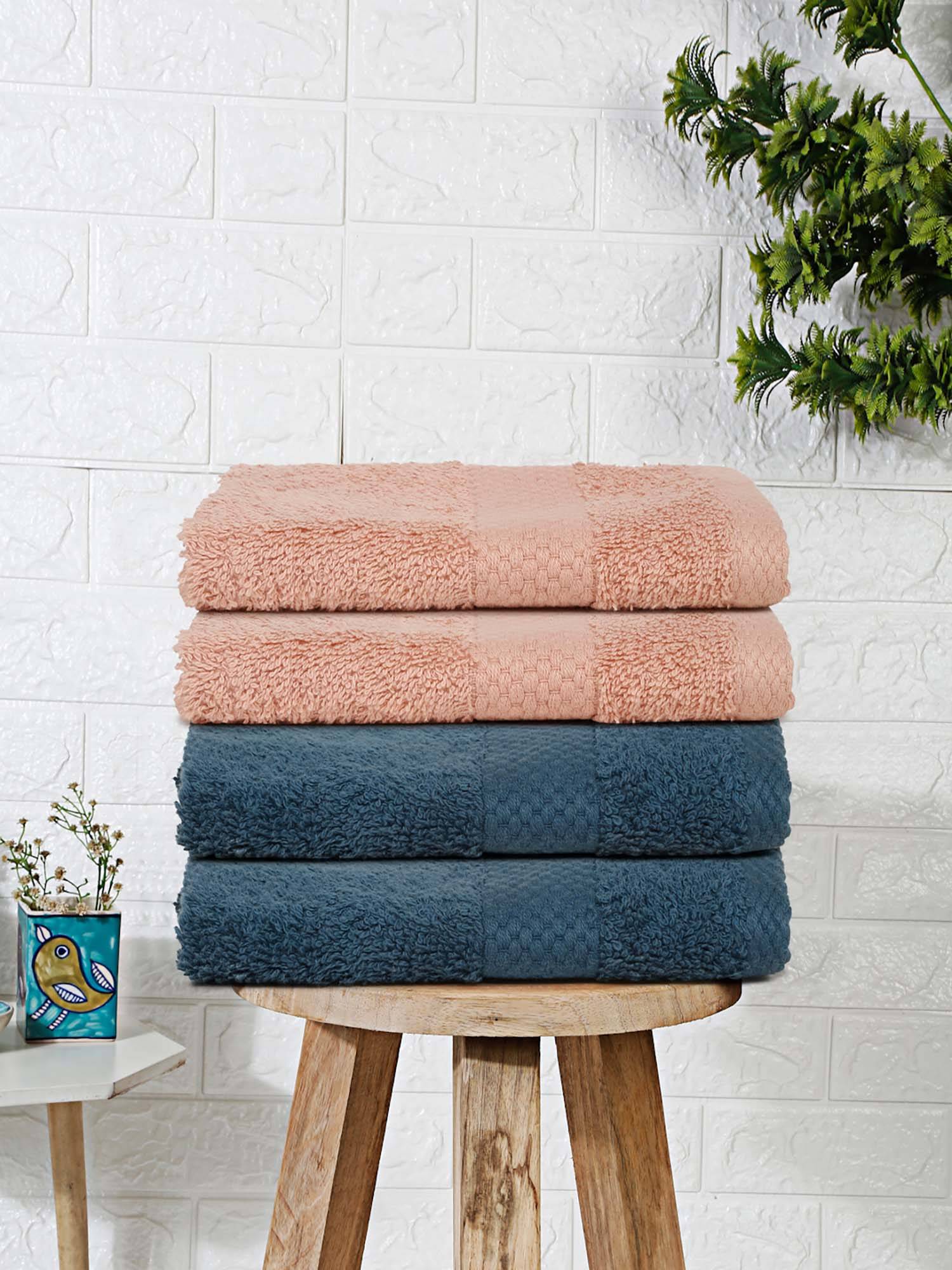 MULBERRY LIVING Terry Luxe 550 - Gsm Terry Hand Towel Set - Ocean Blue & Pastel Peach (Pack of 4)