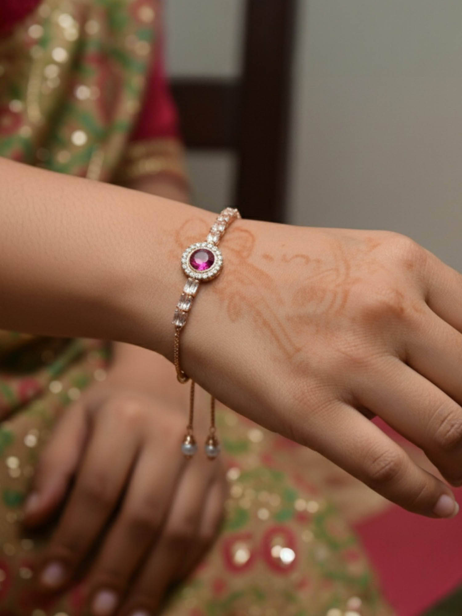 Accessher Rose-Gold Plated Pink Round Crystal Adjustable Bracelet