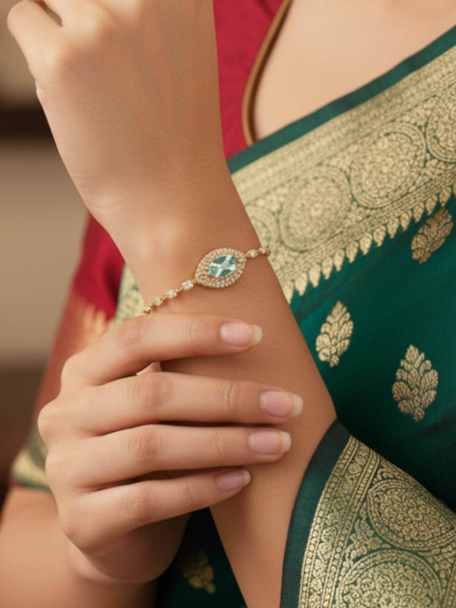 Accessher Gold-Tone Mint Green Marquise Crystal Adjustable Bracelet