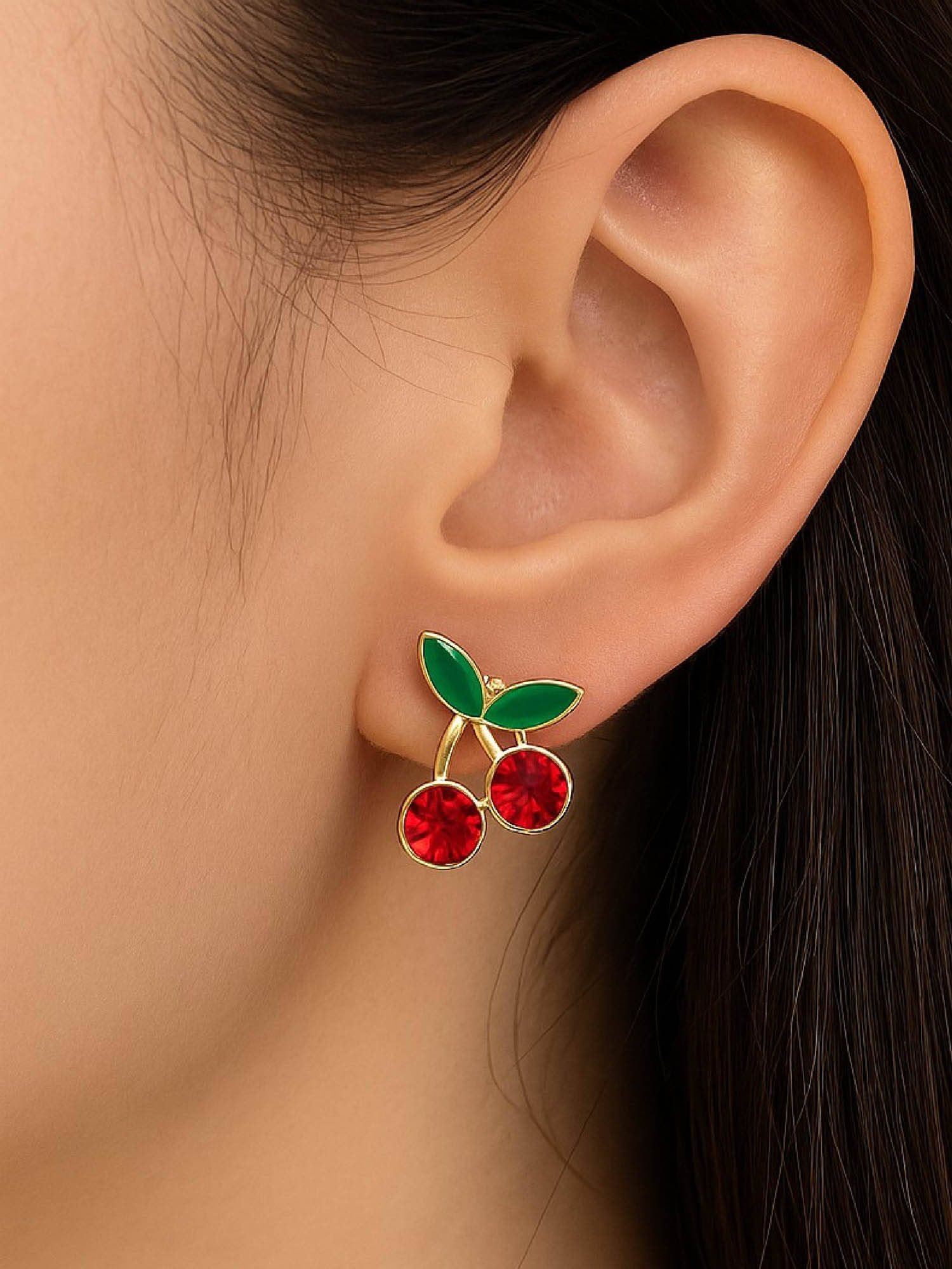 ISHKAARA Mini Cherry Red and Green Stud Earrings