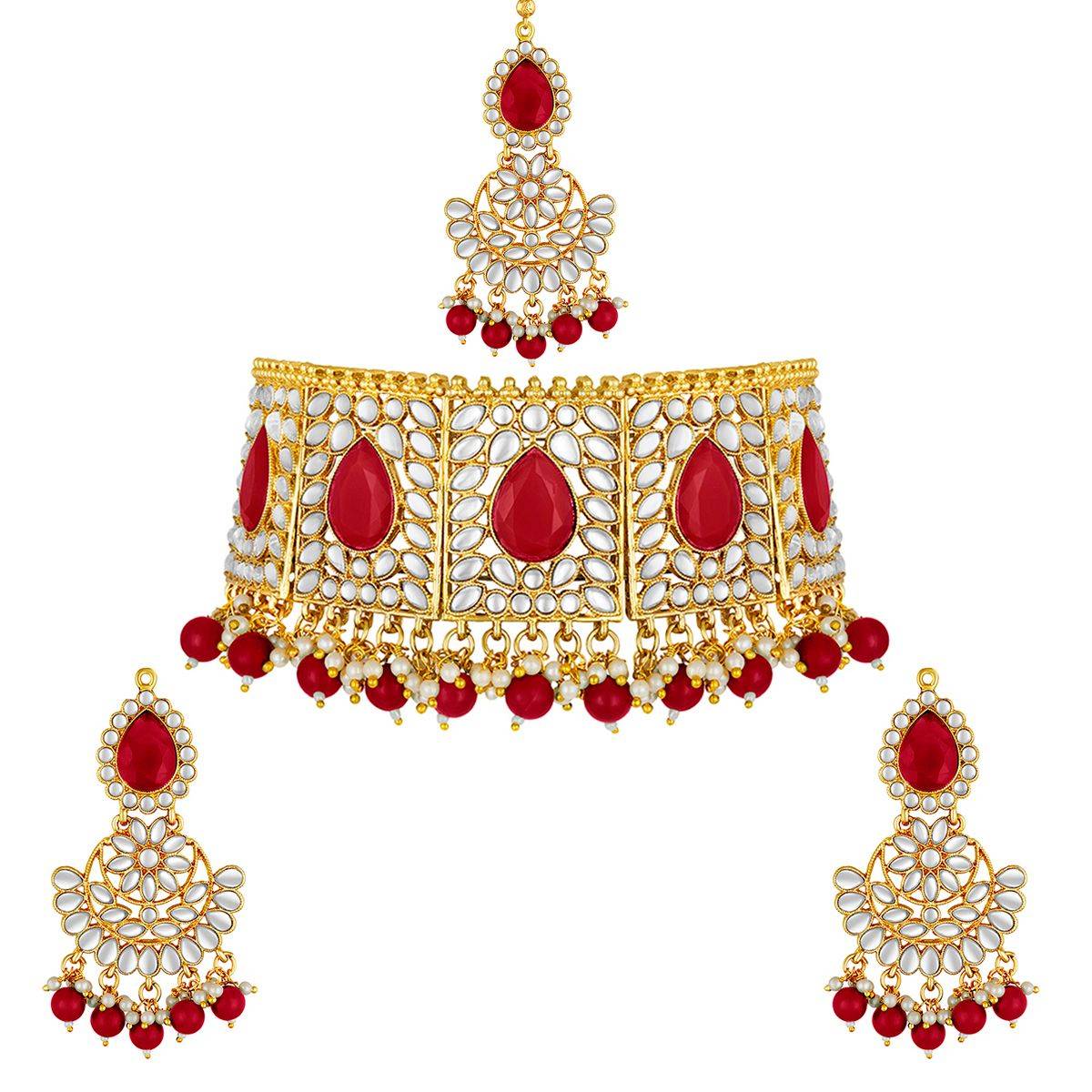 Peora Kundan Red Faux Pearl Choker Necklace With Earrings Maang Tikka Jewellery Set (PF26N1346R)