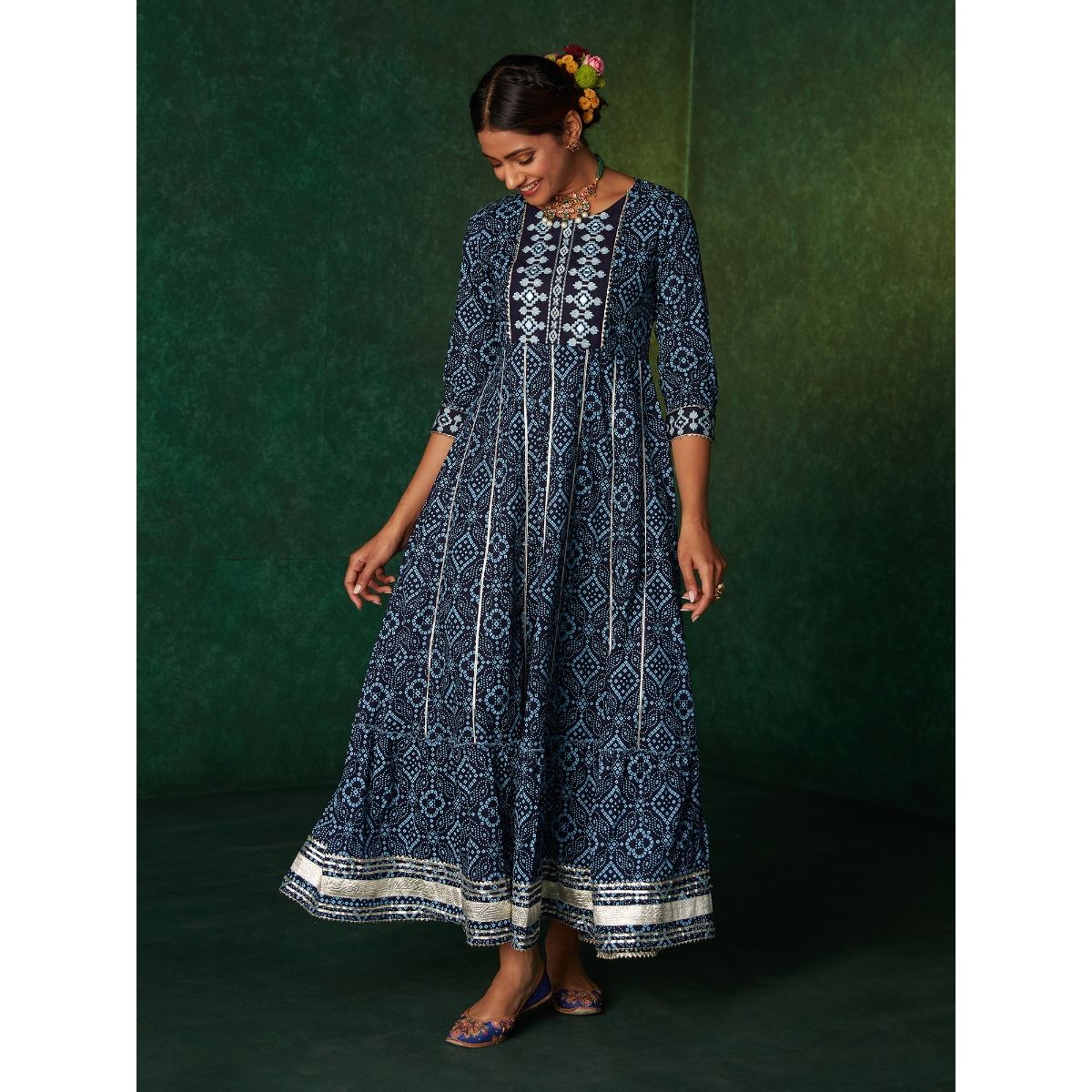 Likha by Nykaa Fashion Navy Blue Bandhani Printed Tiered Maxi Dress