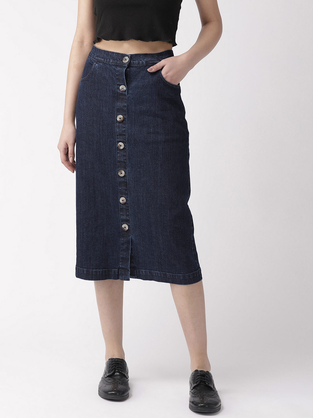 Side Split Vintage Washed Midi Denim Skirt Zipper Button - Temu