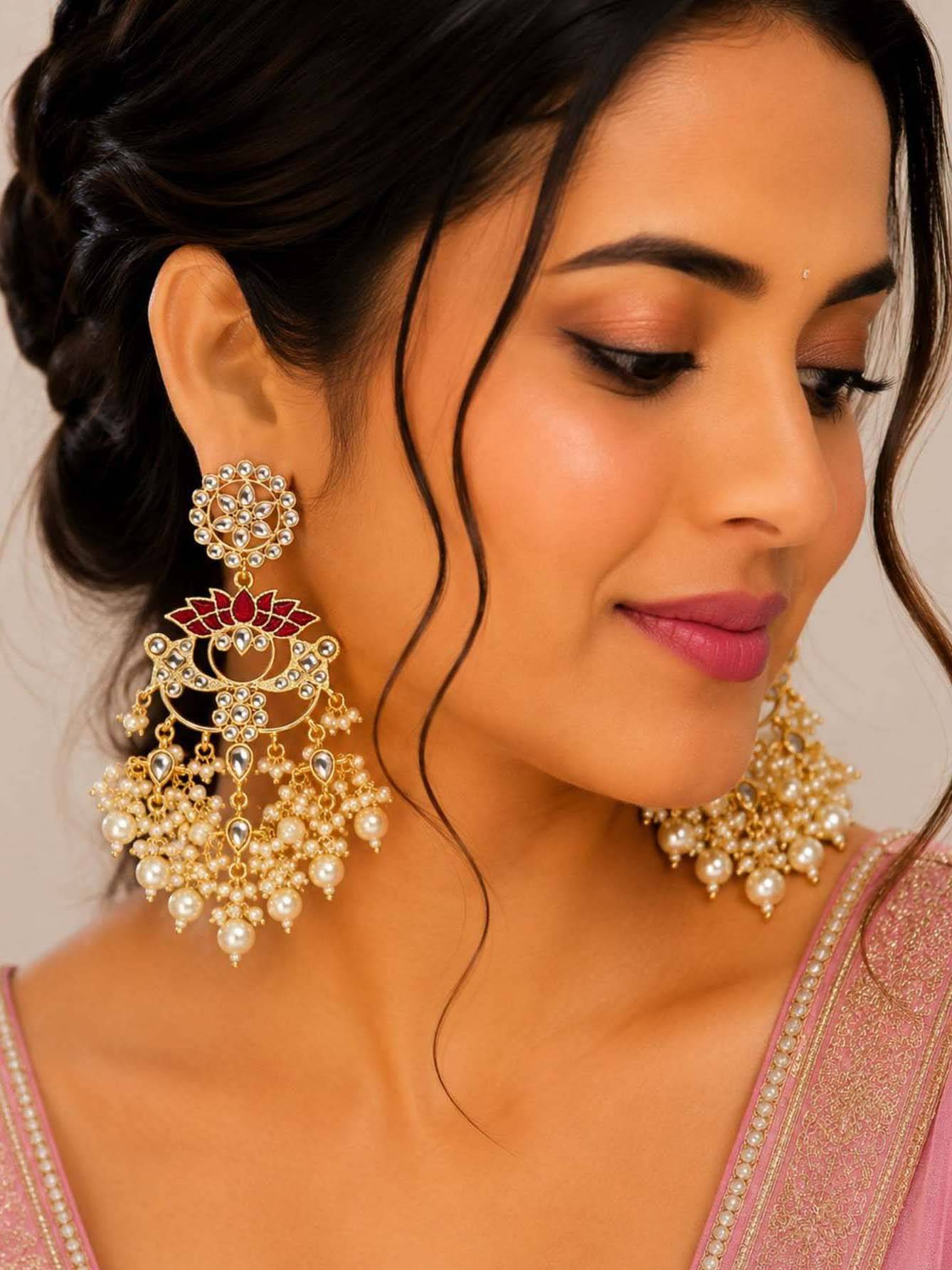 Designbox Kundan Pearl Chandbali Earrings