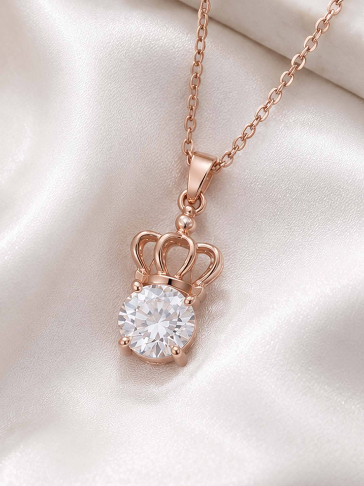 Mystic Rose gold Finish Chic Crown Pendant Necklace with Solitaire Crystal