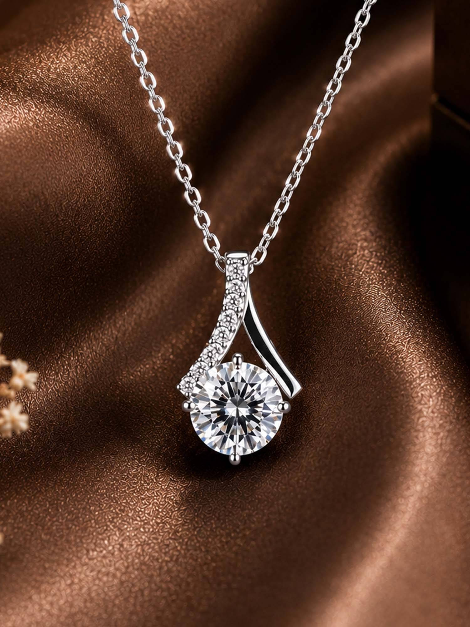 Mystic Rhodium Finish Twist Pendant Necklace with White Crystal Stone