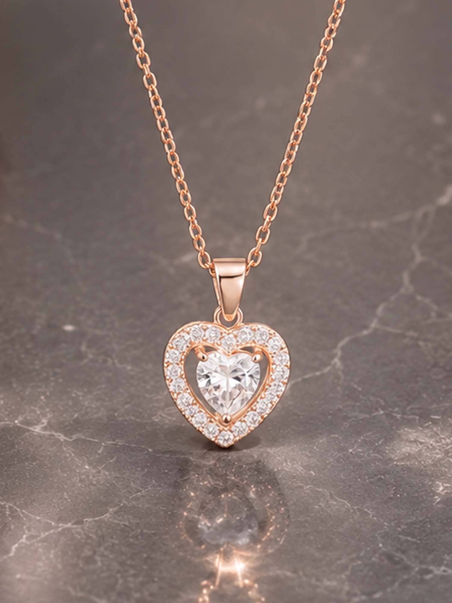Mystic Rose gold Sparkling Heart Pendant Chain with Halo White Crystal