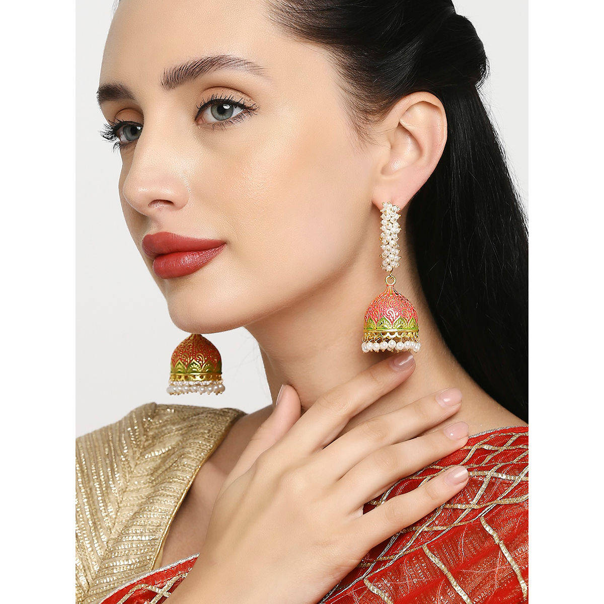 OOMPH Jewellery Pink Meenakari & Pearls Large Jhumka Earrings