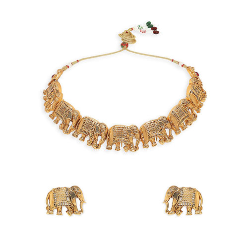 OOMPH Antique Gold Tone Elephant Design Ethnic Choker Necklace Set with  Stud Earrings
