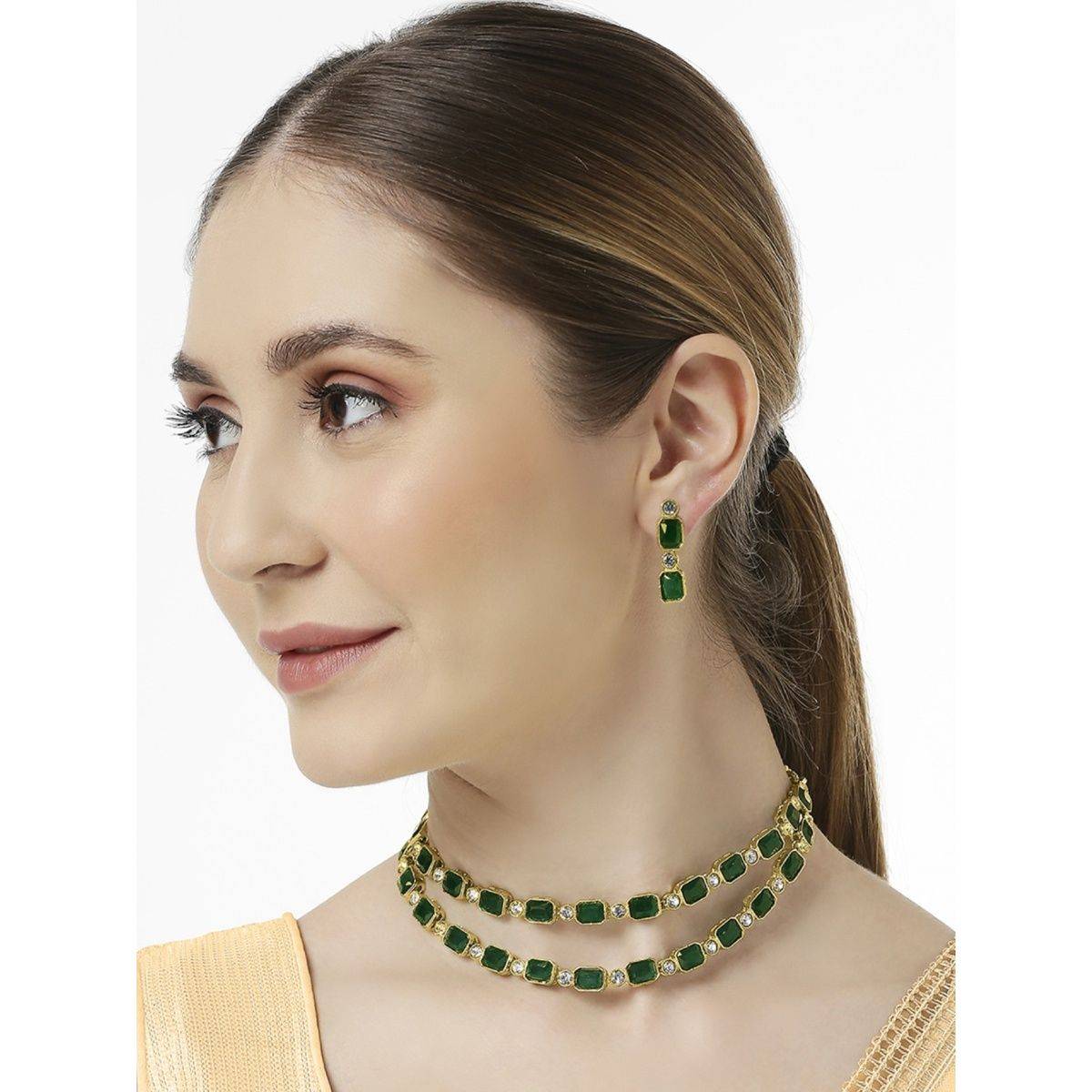OOMPH Green Ethnic Choker Necklace Set - Multi Layer - Festive Design