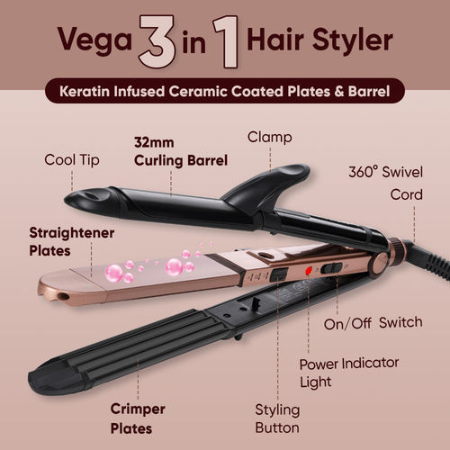 VEGA in Keratin Hair Styler- Straightener, Curler and Crimper for  Women, Rose Gold, (VHSCC-03)