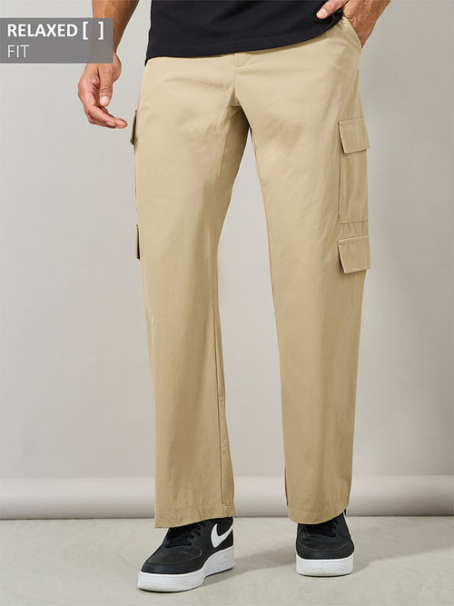 Buy Styli Men Beige Nylon Relaxed Fit Pocket Detail Cargo Pants Online - Main Image