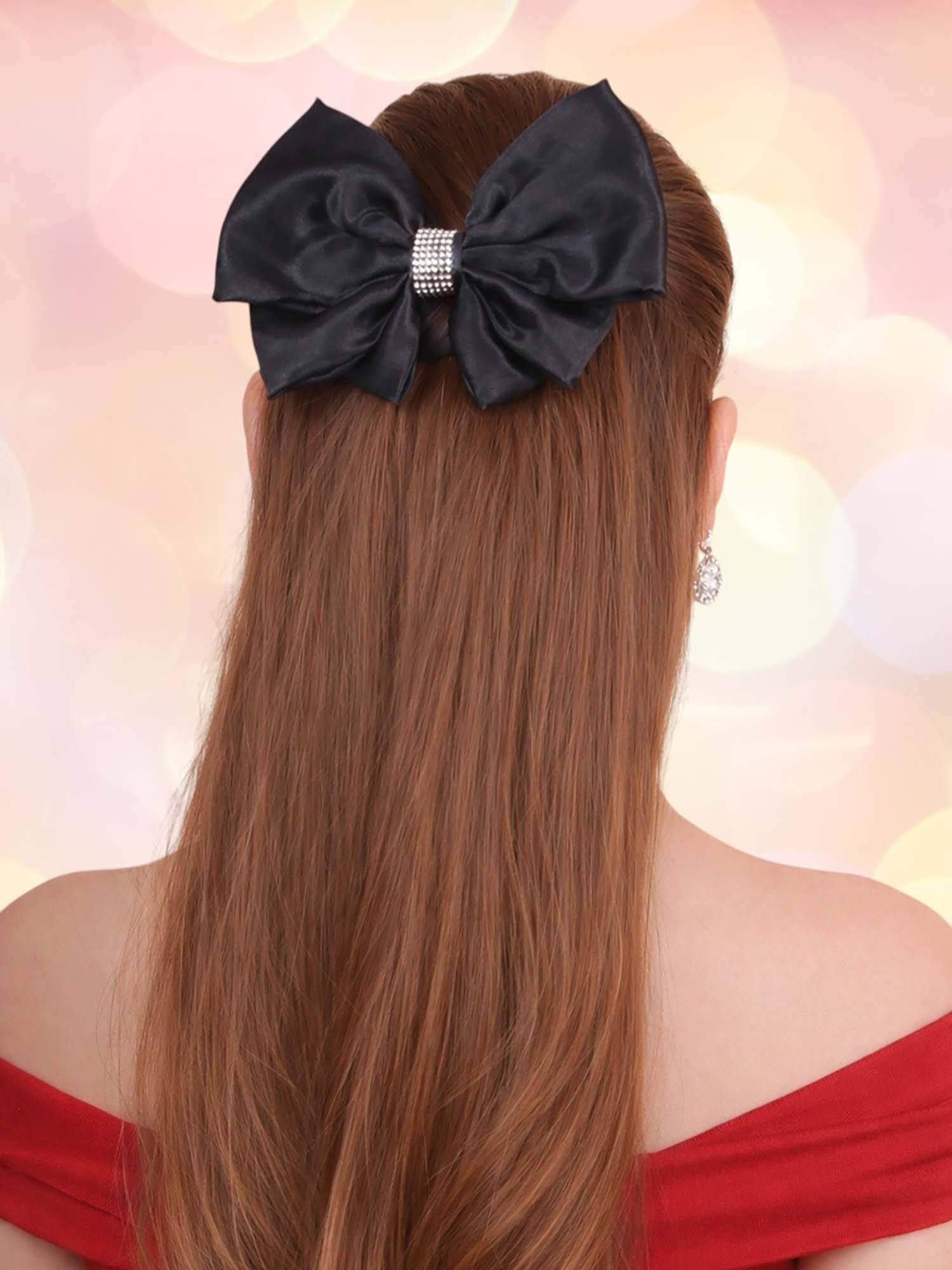 OOMPH Women Black Satin Hair Bow Clip