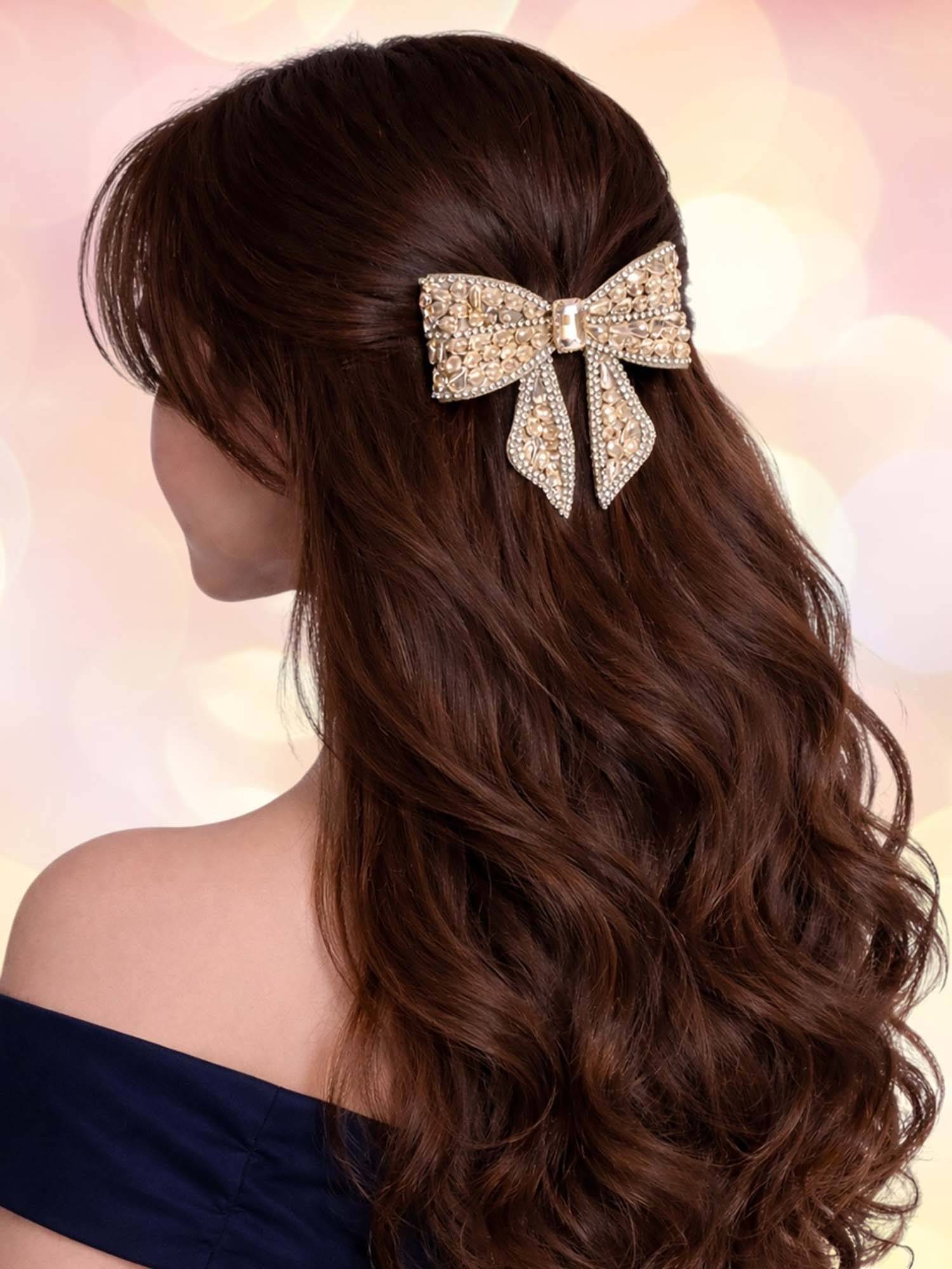 OOMPH Women Beige Crystal Butterfly Bow Hair Clip