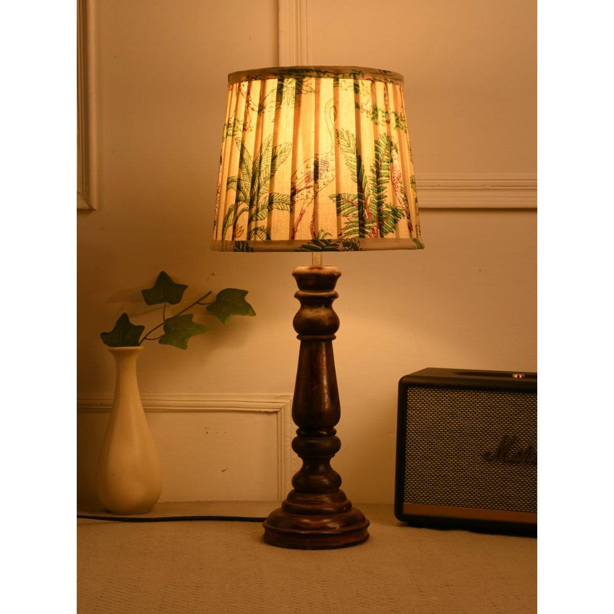 Green Girgit Classic Wooden Lamp In Walnut Brown Color with Pleated Multi-Color Green Shade