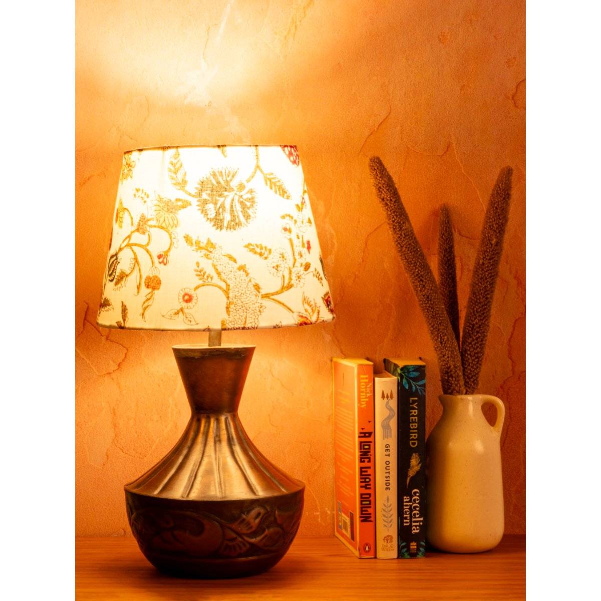Green Girgit Copper Floral Etched Pot Lamp with Multi-Color Taper White Shade