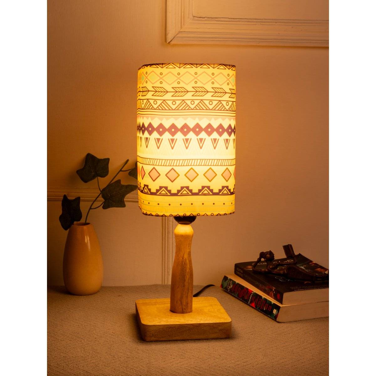 Green Girgit Wooden Mini Curve Lamp with Multi-Color Aztec Print Lamp Shade