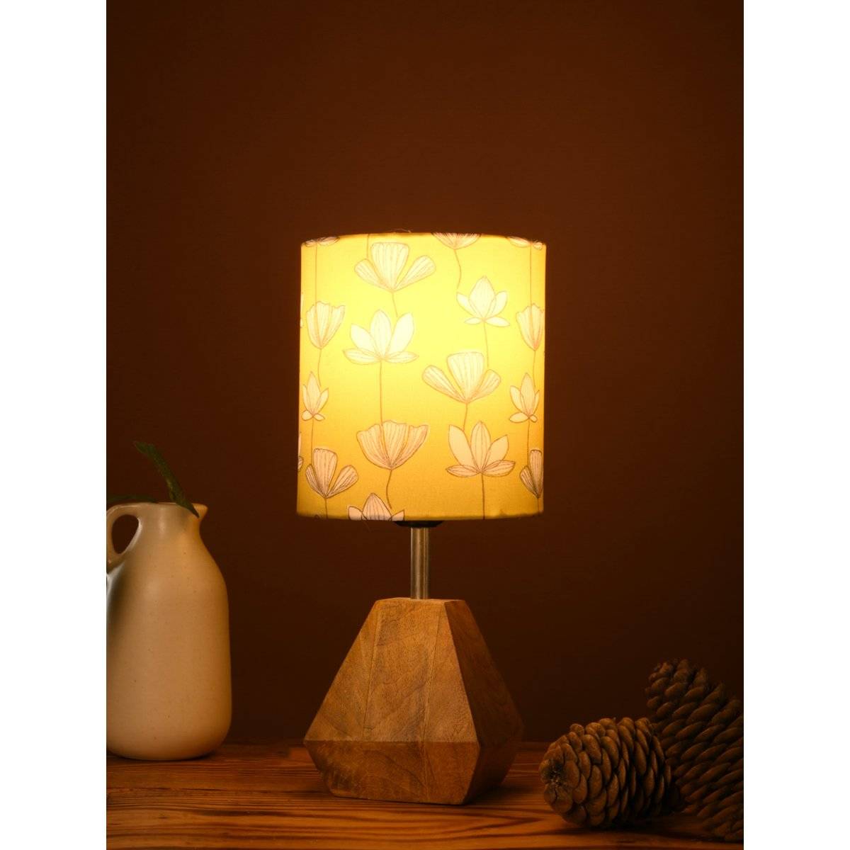 Green Girgit Wooden Diamond Shaped Lamp with Multi-Color Mustard Flora Shade