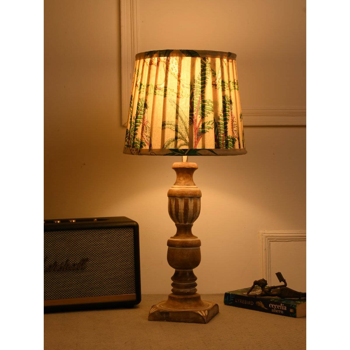 Green Girgit Roman Wooden Lamp In Twin Color with Pleated Multi-Color Green Shade