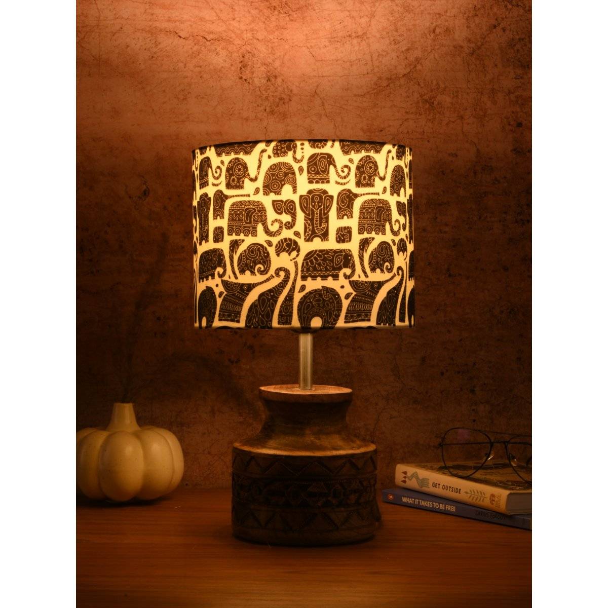 Green Girgit Wooden Carved Lamp with Black Elephant Multi-Color Shade