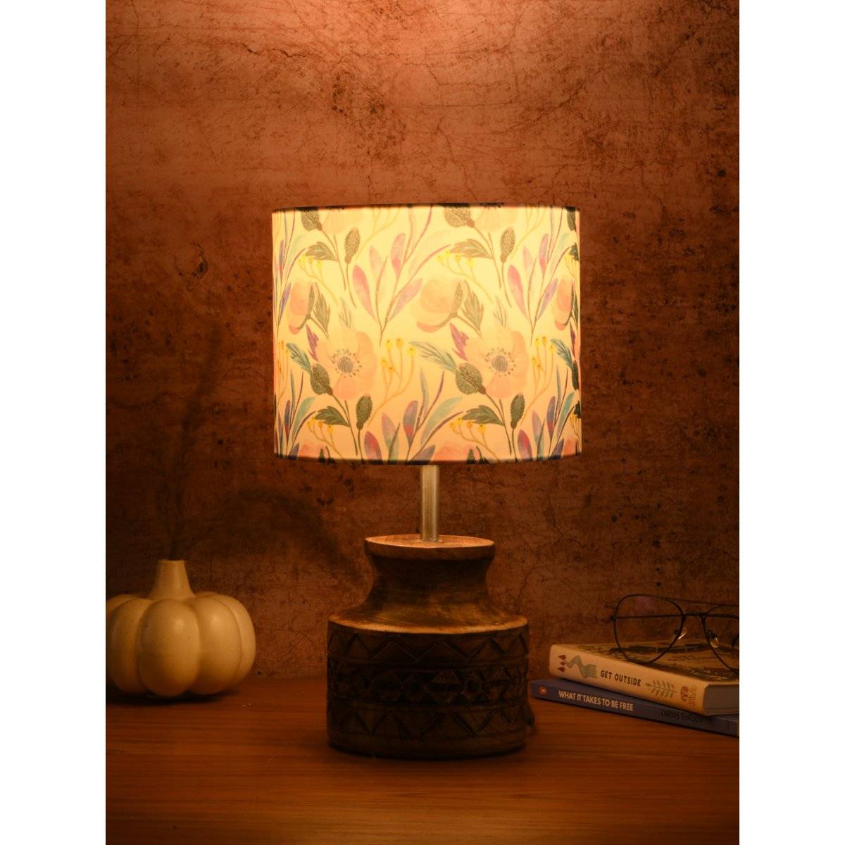 Green Girgit Wooden Carved Lamp with Pink Floral Multi-Color Shade