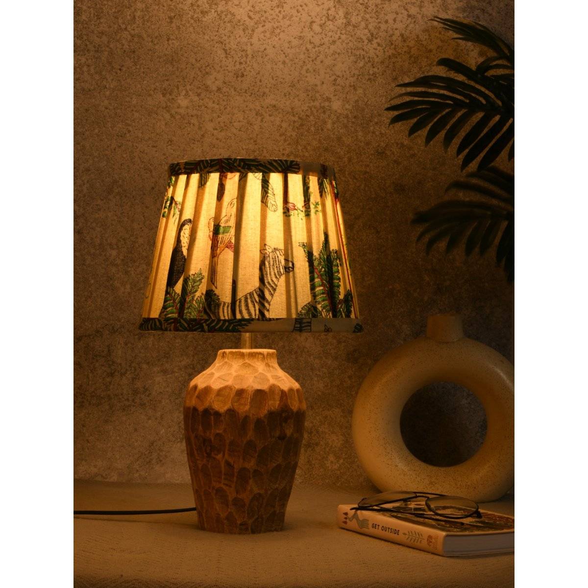 Green Girgit Wooden Chipped Brown Lamp with Pleated Multi-Color Green Shade