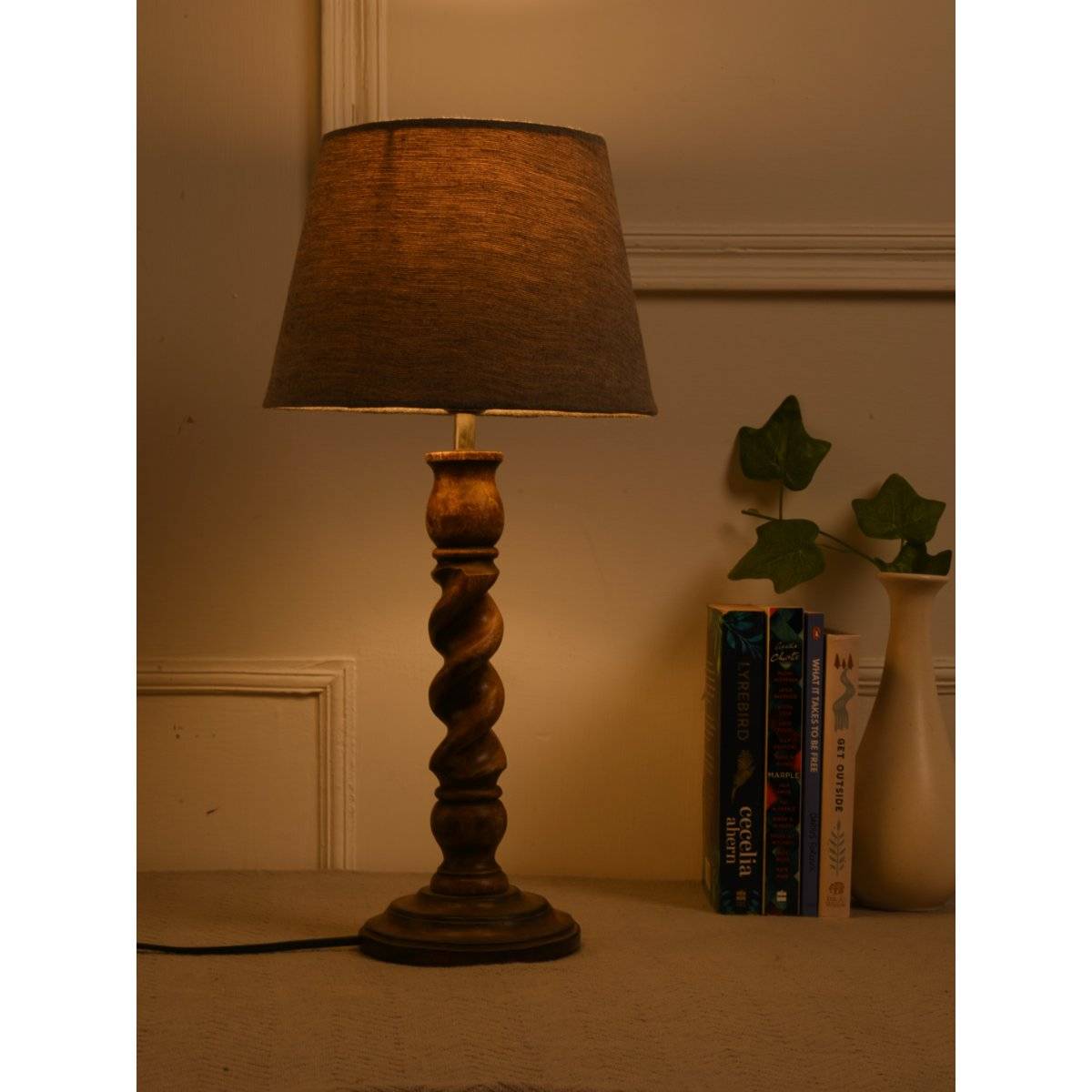 Green Girgit Wooden Spiral Brown Lamp with Samra Grey Shade