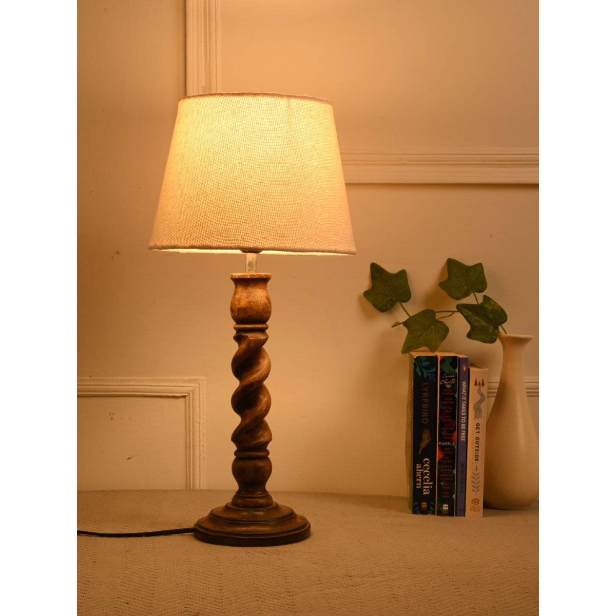 Green Girgit Wooden Spiral Brown Lamp with Samra White Shade