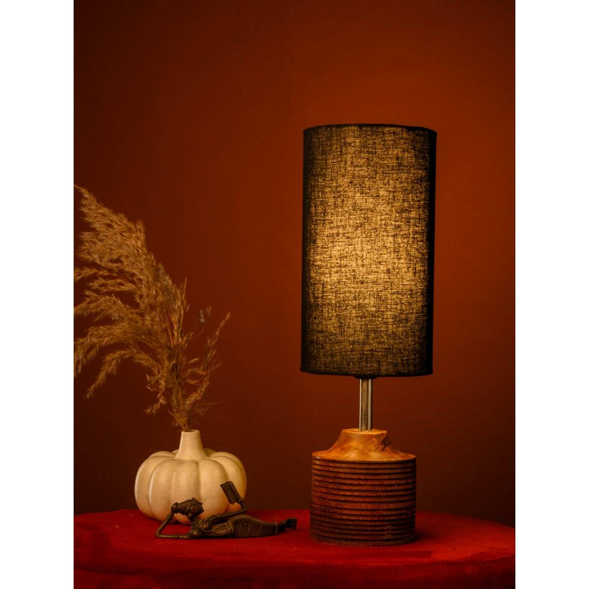 Green Girgit Brown Stripped Wooden Lamp with Jute Black Lamp Shade