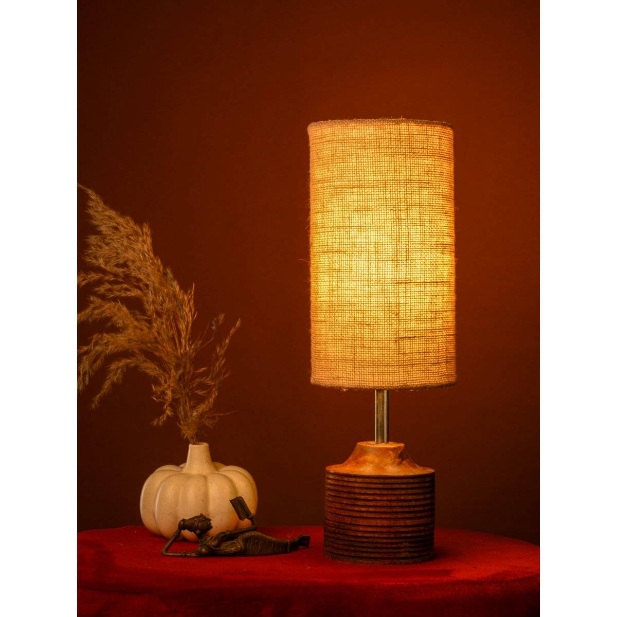 Green Girgit Brown Stripped Wooden Lamp with Jute Brown Lamp Shade