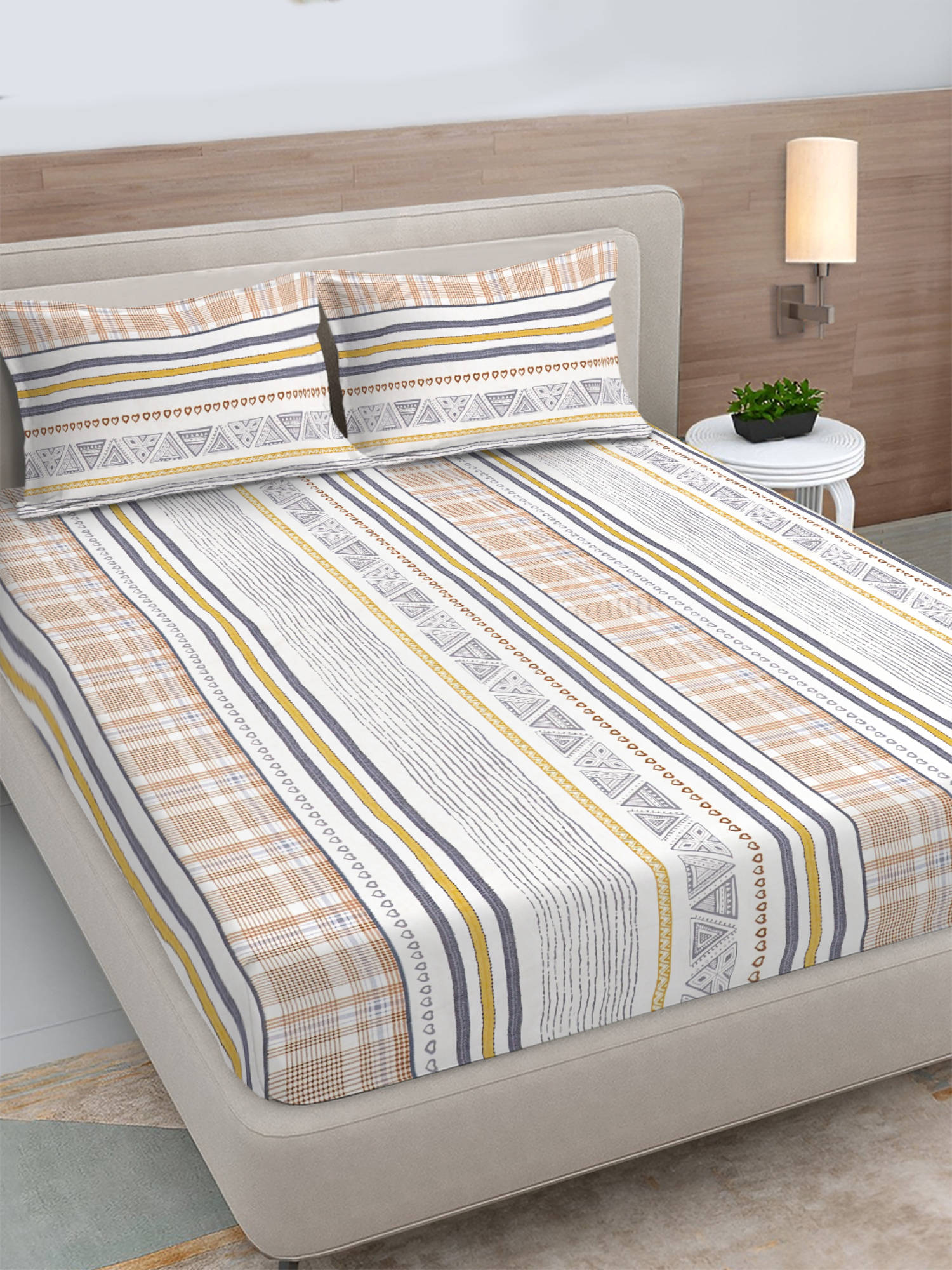 FABINALIV Multi-Color Geometric 300 Tc Polycotton Fitted Bedsheet with 2 Pillow Covers (King)