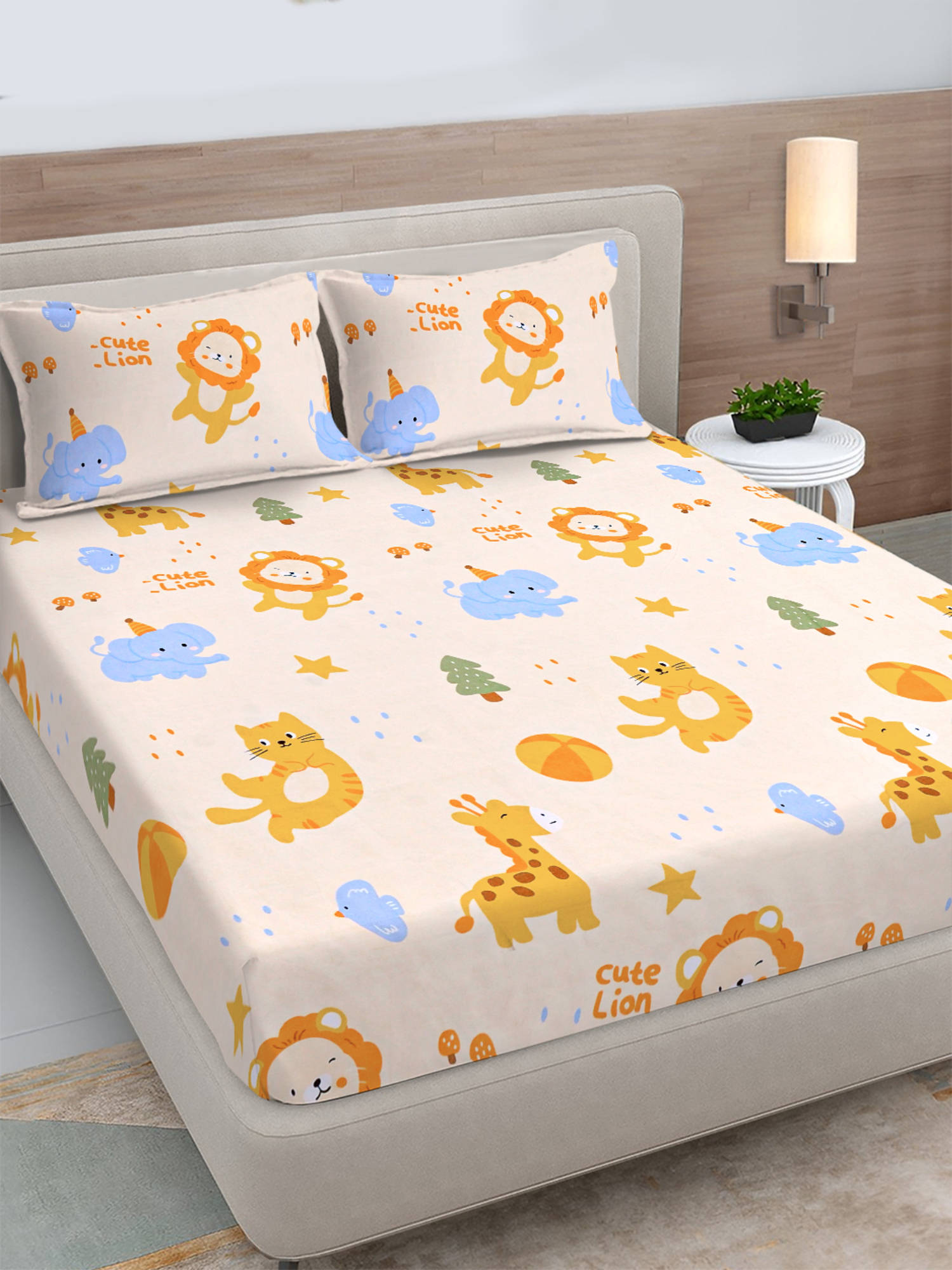 FABINALIV Cream Cartoon Print 300 Tc Polycotton Fitted Bedsheet with 2 Pillow Covers (King)