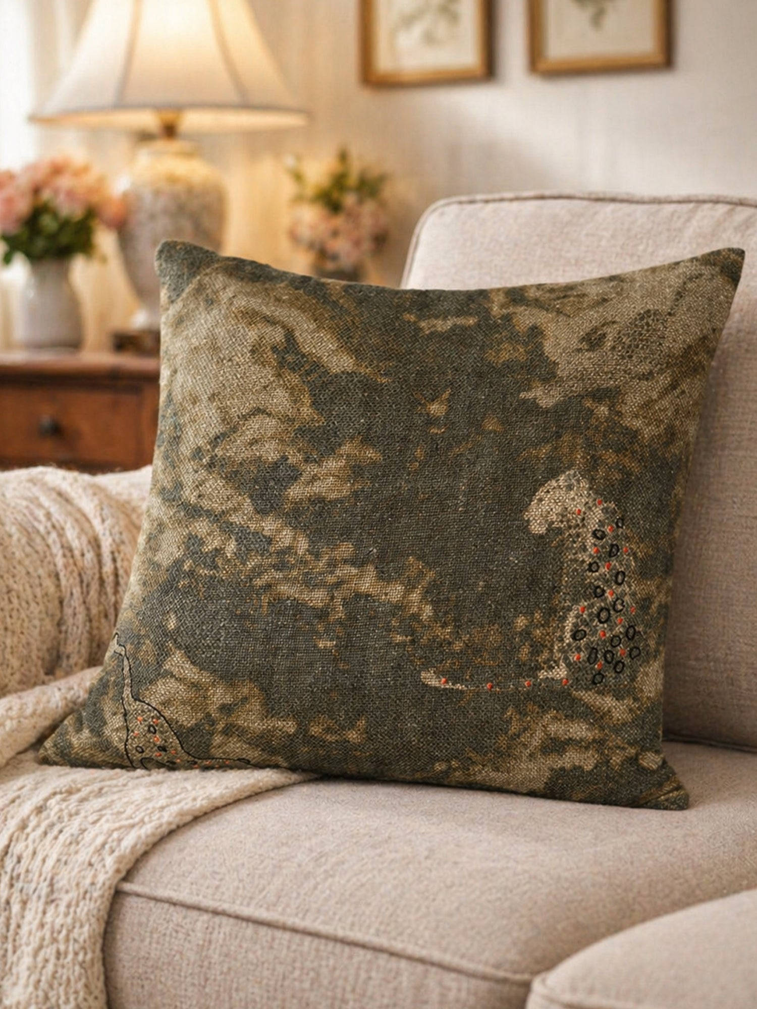 Zeba World Brown Rustic Embroidered Linen Cushion Cover (16 x 16 Inches)