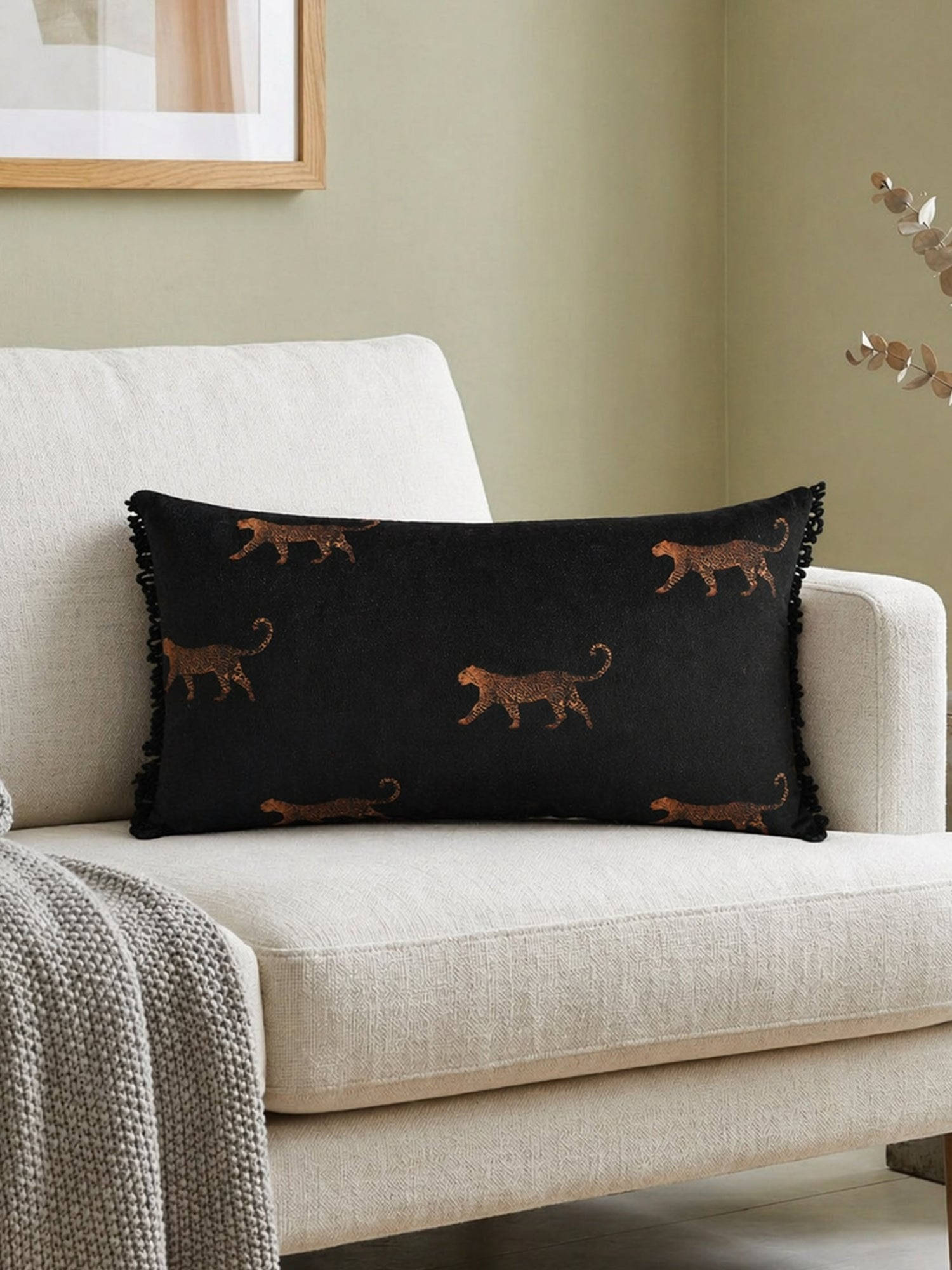 Zeba World Black Animal Printed Fringe Edges Velvet Cushion Cover (12 x 22 Inches)