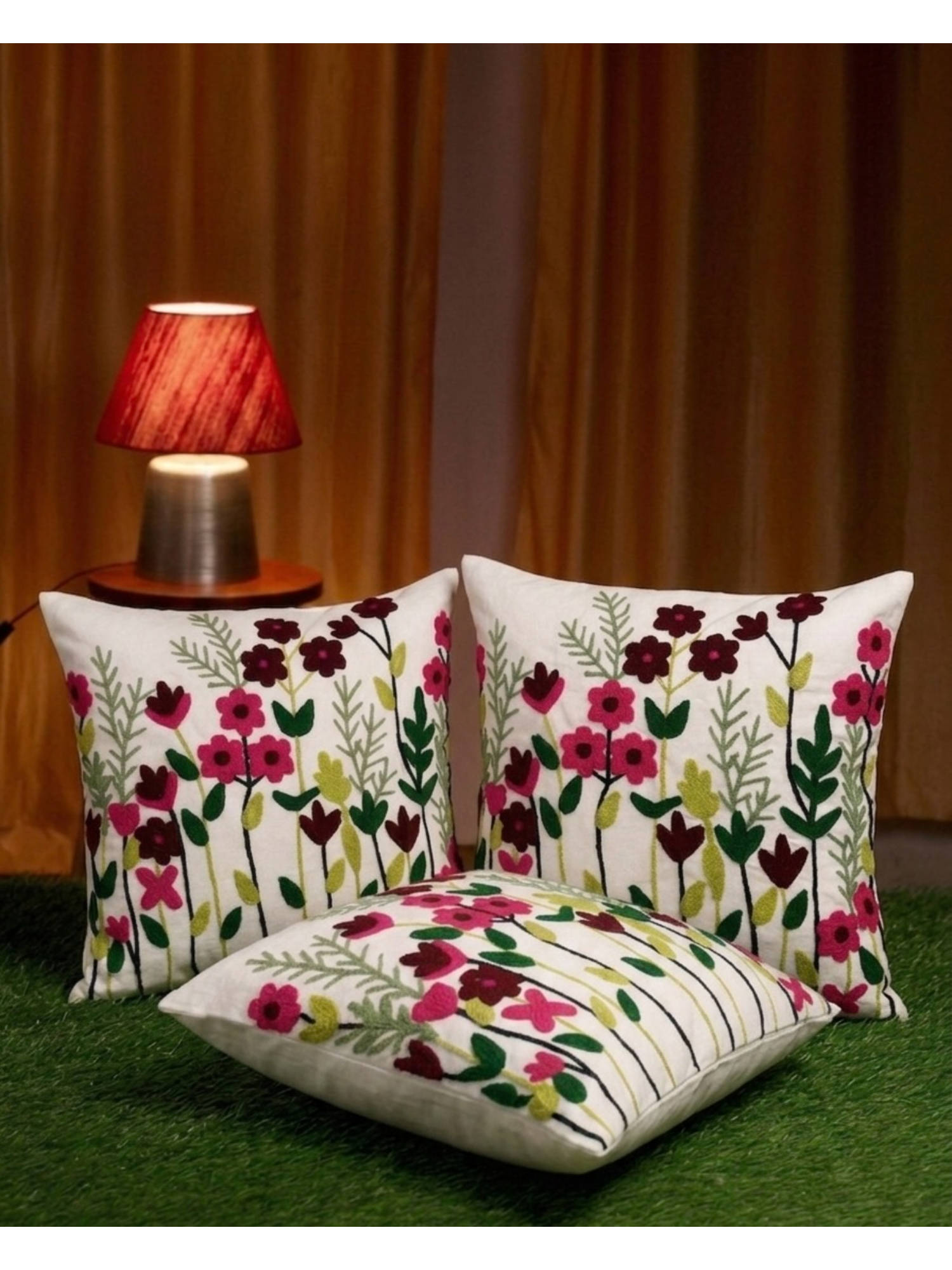 HOSTA HOMES White Pure Cotton Handcrafted Cushion Covers (Pack of 3) (16 x 16 Inches)