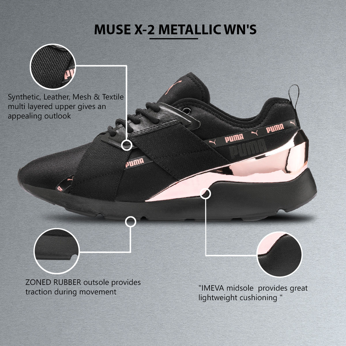 Buy Puma Muse X 2 Metallic Women s Shoes Black 7 Online