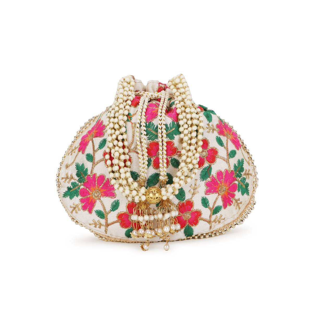 Anekaant Dangle Cream and Multi Floral Embroidered Faux Silk Potli
