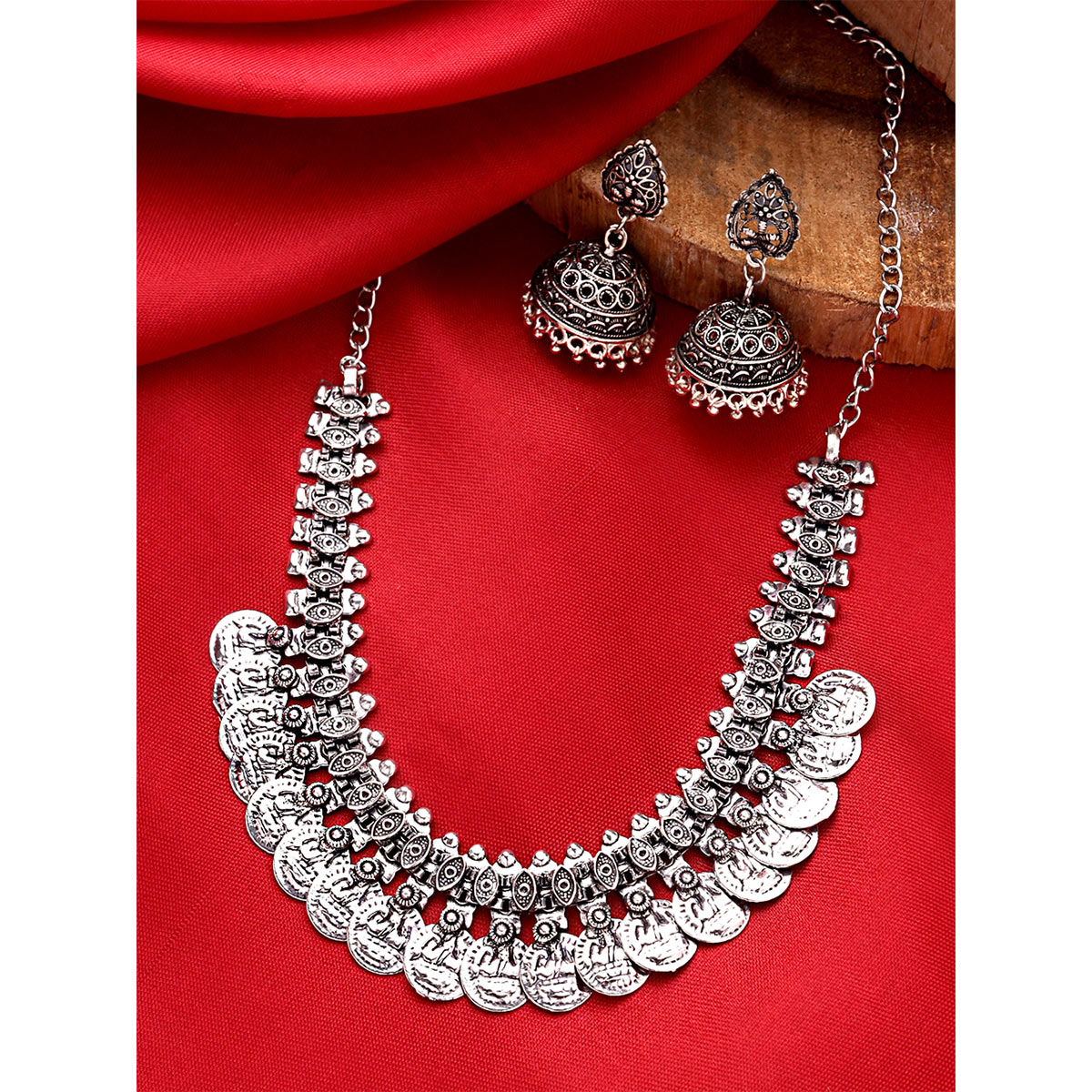 Yellow Chimes Silver Oxidized Jewellery Antique Choker Necklace Set