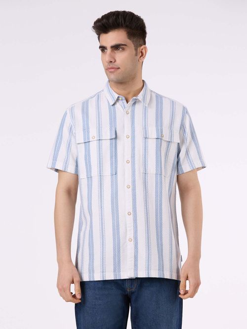 Pepe Jeans Men White Vertical Stripe Half Sleeve Shirt