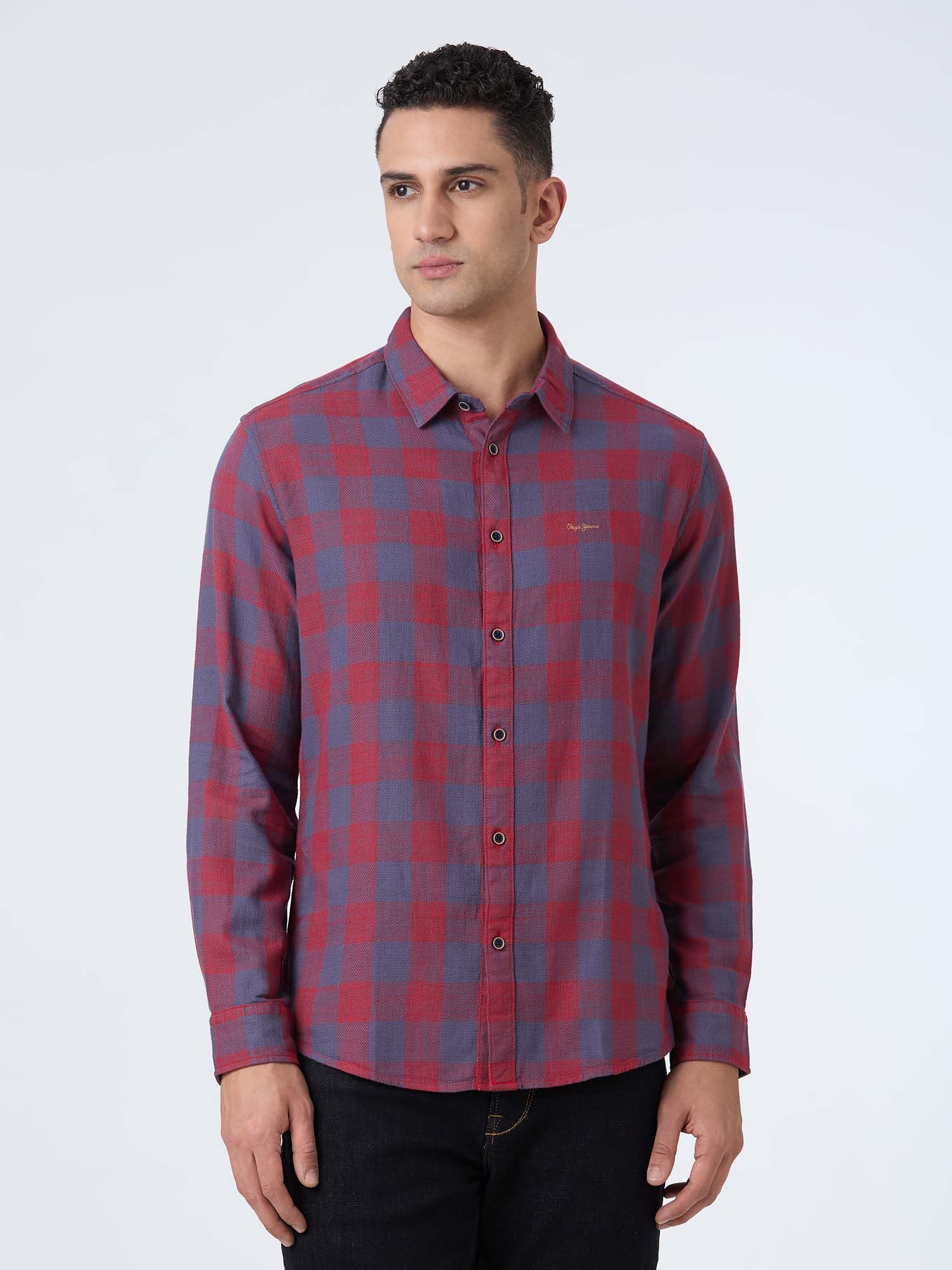 Buy Pepe Jeans Men Red Check Full Sleeve Shirt Online, image size:1500x2000