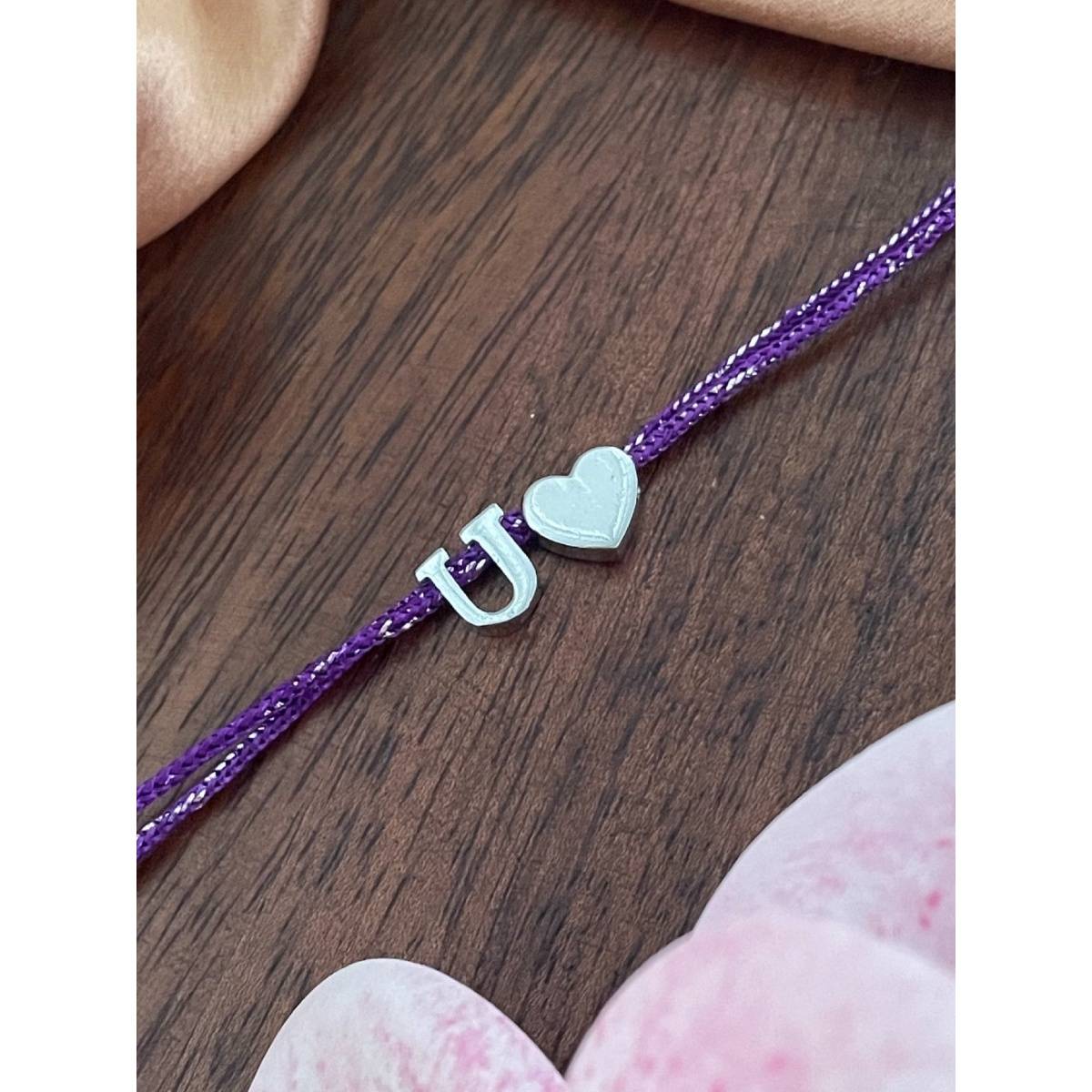 Digital Dress Room U Letter Silver Heart Charm Theard Rakhi